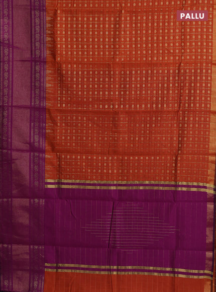 Semi dupion saree rust shade and purple with allover zari checks & 1000 buttas and long temple zari woven border