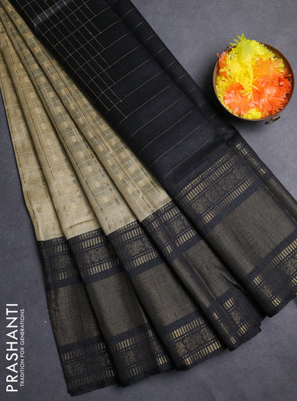 Semi dupion saree beige and black with allover zari checks & 1000 buttas and long temple zari woven border