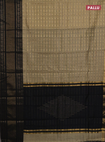 Semi dupion saree beige and black with allover zari checks & 1000 buttas and long temple zari woven border