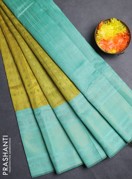Semi dupion saree lime yellow and teal green shade with allover zari checks & 1000 buttas and long temple zari woven border