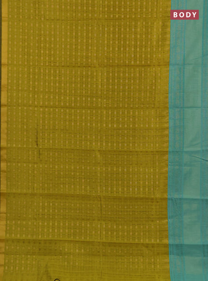 Semi dupion saree lime yellow and teal green shade with allover zari checks & 1000 buttas and long temple zari woven border