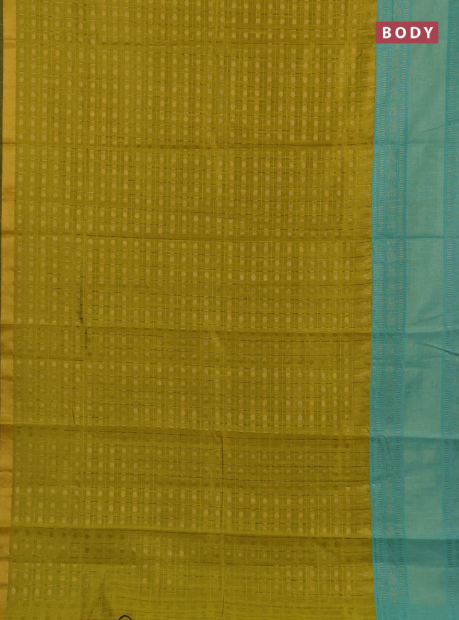 Semi dupion saree lime yellow and teal green shade with allover zari checks & 1000 buttas and long temple zari woven border