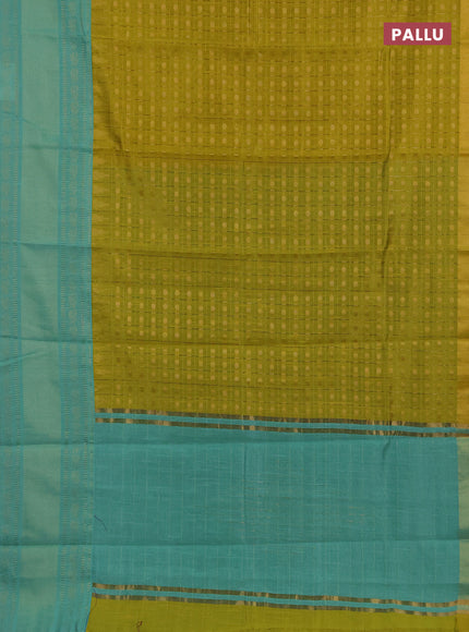 Semi dupion saree lime yellow and teal green shade with allover zari checks & 1000 buttas and long temple zari woven border