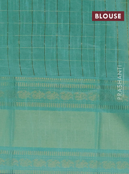 Semi dupion saree lime yellow and teal green shade with allover zari checks & 1000 buttas and long temple zari woven border