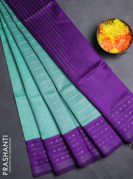Semi dupion saree teal green shade and violet with allover silver zari weaves and silver zari woven border