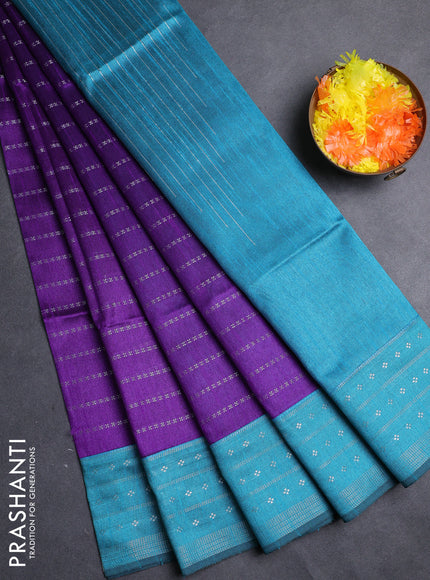 Semi dupion saree violet and teal blue with allover silver zari weaves and silver zari woven border