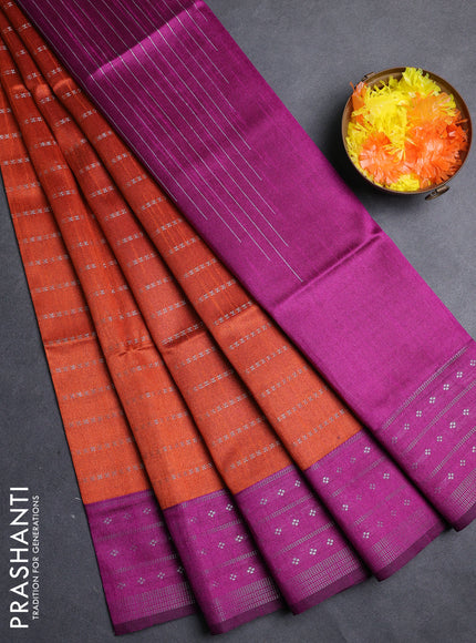 Semi dupion saree rust shade and purple with allover silver zari weaves and silver zari woven border