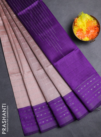 Semi dupion saree pastel peach and violet with allover silver zari weaves and silver zari woven border
