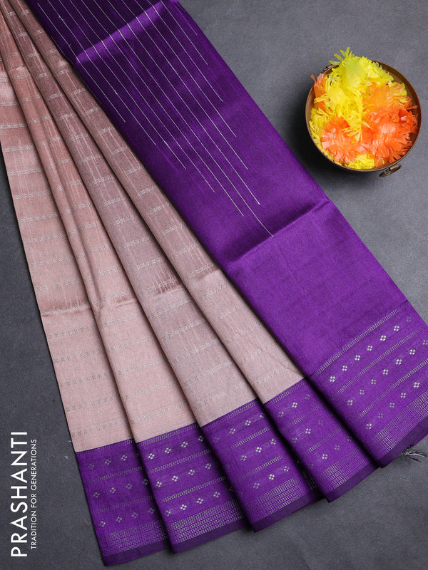 Semi dupion saree pastel peach and violet with allover silver zari weaves and silver zari woven border
