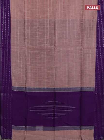 Semi dupion saree pastel peach and violet with allover silver zari weaves and silver zari woven border