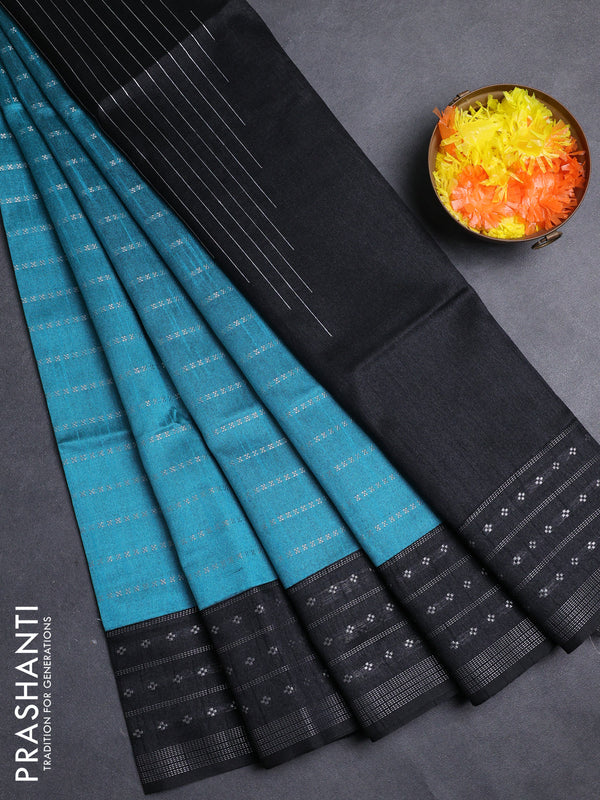 Semi dupion saree teal green shade and black with allover silver zari weaves and silver zari woven border