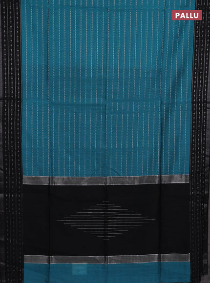 Semi dupion saree teal green shade and black with allover silver zari weaves and silver zari woven border