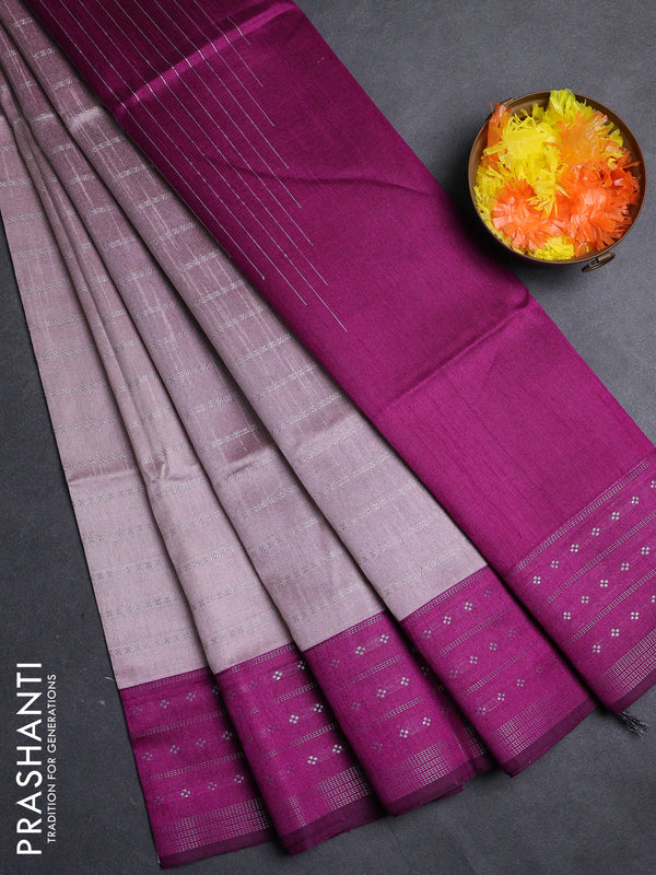 Semi dupion saree pastel pink and purple with allover silver zari weaves and silver zari woven border