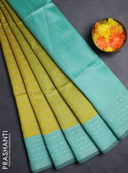 Semi dupion saree lime yellow and teal green shade with allover silver zari weaves and silver zari woven border