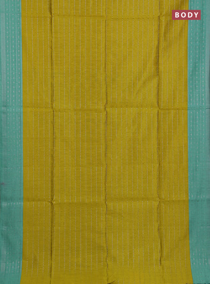 Semi dupion saree lime yellow and teal green shade with allover silver zari weaves and silver zari woven border