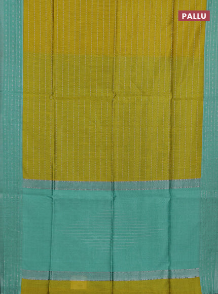 Semi dupion saree lime yellow and teal green shade with allover silver zari weaves and silver zari woven border