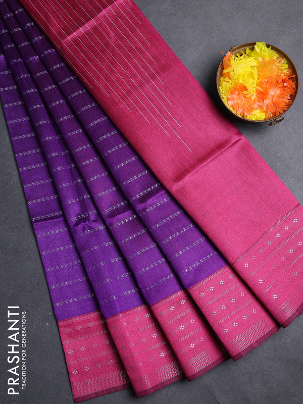 Semi dupion saree purple and pink with allover silver zari weaves and silver zari woven border