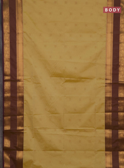 Semi soft silk saree pale yellow and purple with allover zari weaves & buttas and rettapet zari woven border
