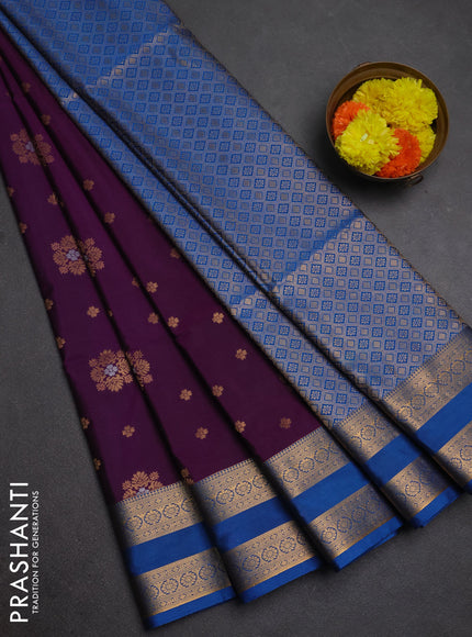 Semi soft silk saree purple and cs blue with allover zarri woven buttas and rettapet zari woven border