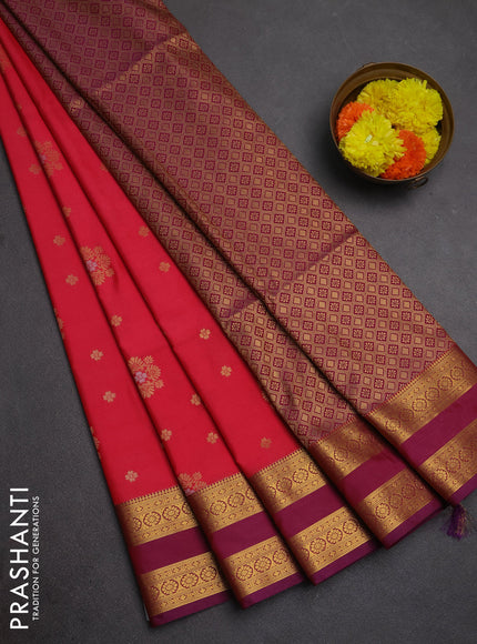 Semi soft silk saree tomato pink and purple with allover zari woven buttas and rettapet zari woven border