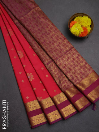 Semi soft silk saree tomato pink and purple with allover zari woven buttas and rettapet zari woven border