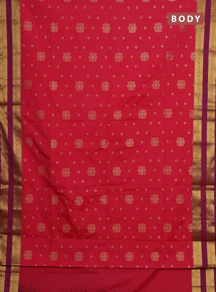 Semi soft silk saree tomato pink and purple with allover zari woven buttas and rettapet zari woven border