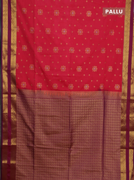 Semi soft silk saree tomato pink and purple with allover zari woven buttas and rettapet zari woven border