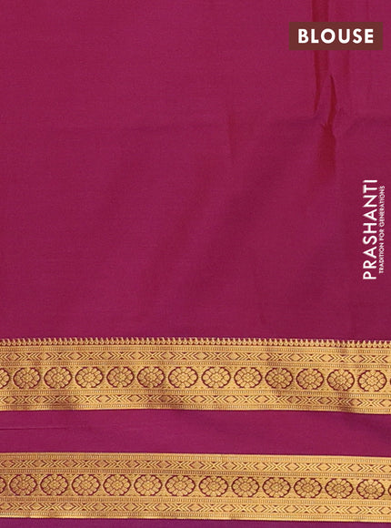 Semi soft silk saree tomato pink and purple with allover zari woven buttas and rettapet zari woven border