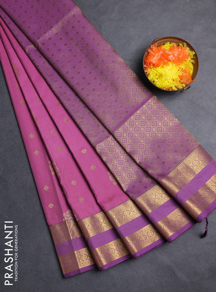 Semi soft silk saree onion pink and purple with allover zari woven buttas and rettapet zari woven border