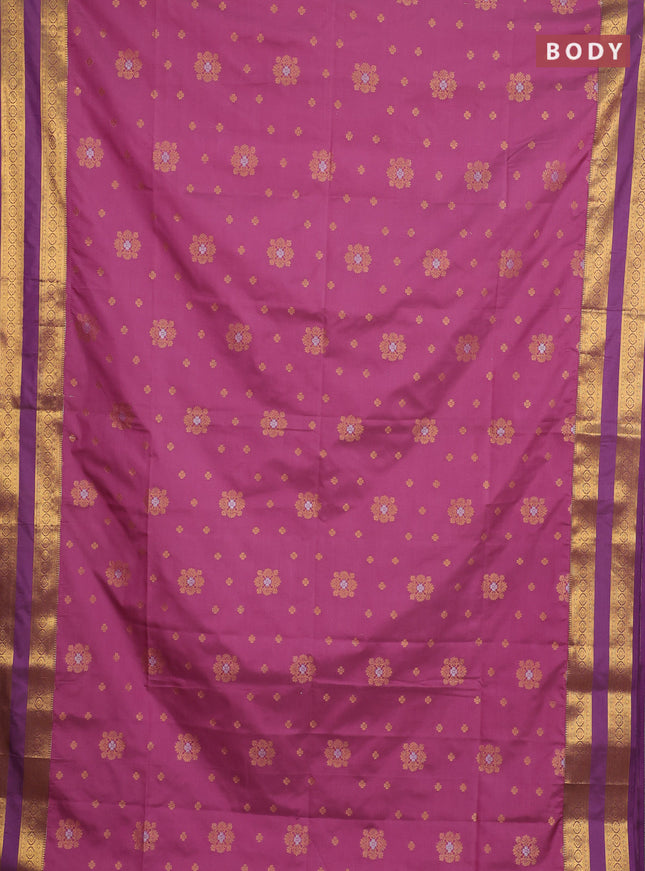 Semi soft silk saree onion pink and purple with allover zari woven buttas and rettapet zari woven border