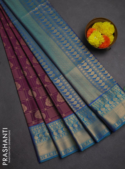 Semi soft silk saree deep purple and dual shade of bluish green with allover zari checks & buttas and zari woven border