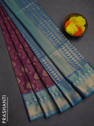 Semi soft silk saree deep purple and dual shade of bluish green with allover zari checks & buttas and zari woven border