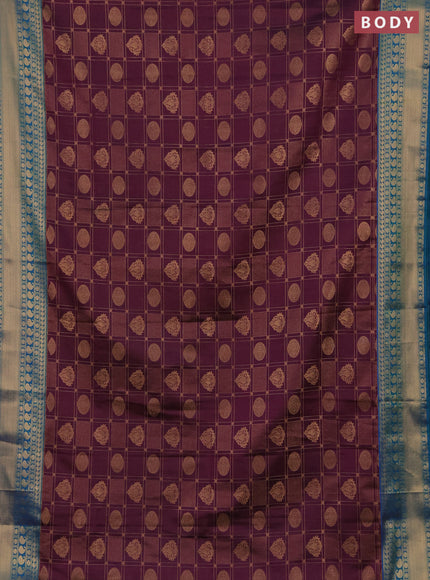 Semi soft silk saree deep purple and dual shade of bluish green with allover zari checks & buttas and zari woven border