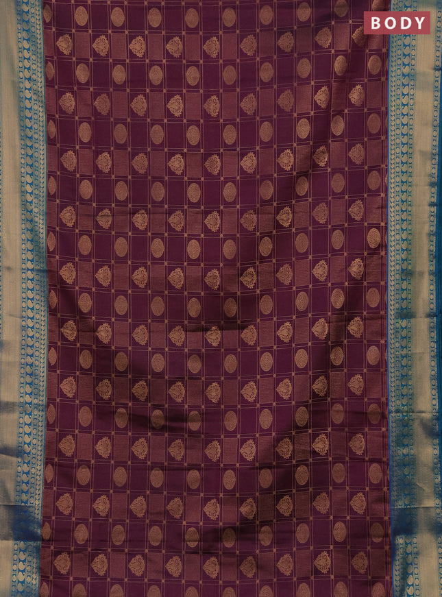 Semi soft silk saree deep purple and dual shade of bluish green with allover zari checks & buttas and zari woven border