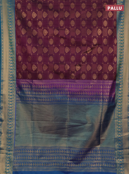 Semi soft silk saree deep purple and dual shade of bluish green with allover zari checks & buttas and zari woven border