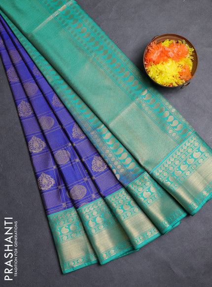 Semi soft silk saree blue and teal green with allover zari checks & buttas and zari woven border