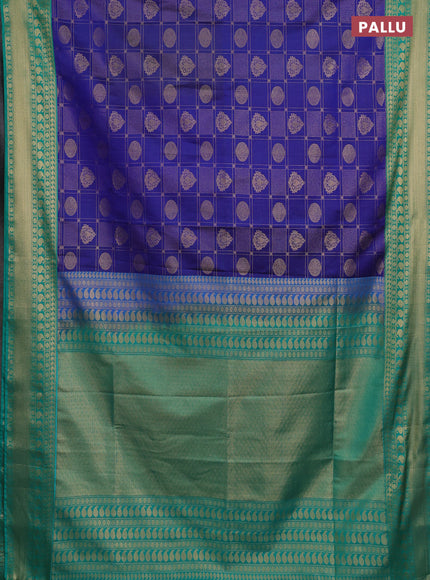 Semi soft silk saree blue and teal green with allover zari checks & buttas and zari woven border