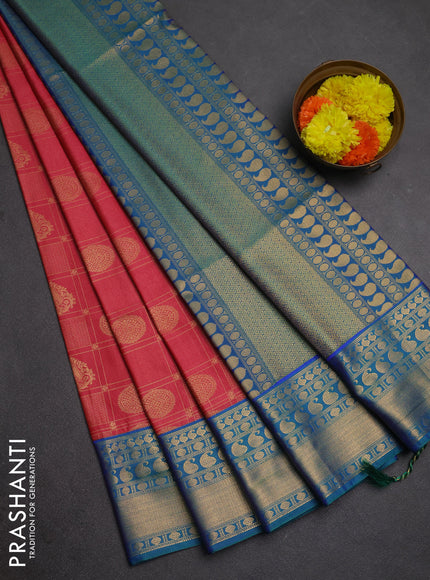 Semi soft silk saree peach pink and dual shade of bluish green with allover zari checks & buttas and zari woven border