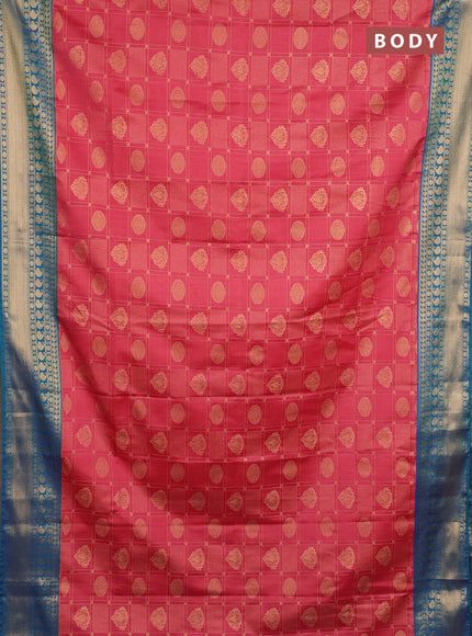 Semi soft silk saree peach pink and dual shade of bluish green with allover zari checks & buttas and zari woven border