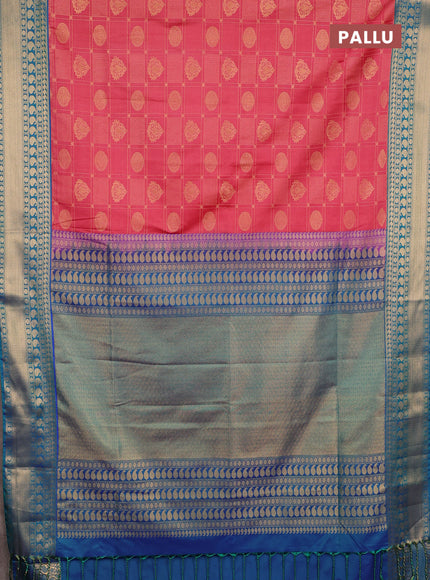 Semi soft silk saree peach pink and dual shade of bluish green with allover zari checks & buttas and zari woven border