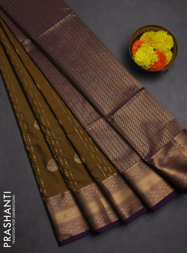 Semi soft silk saree mehendi green and purple with allover zari weaves & buttas and zari woven border