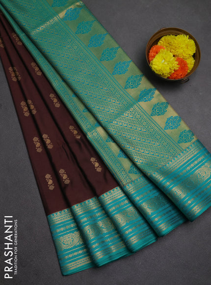 Semi soft silk saree coffee brown and teal green with allover zari woven buttas and zari woven border