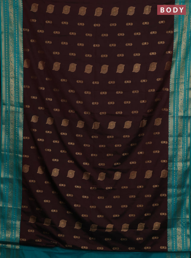 Semi soft silk saree coffee brown and teal green with allover zari woven buttas and zari woven border