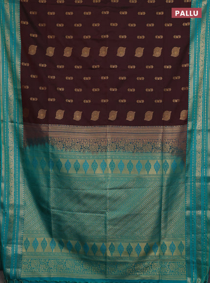 Semi soft silk saree coffee brown and teal green with allover zari woven buttas and zari woven border