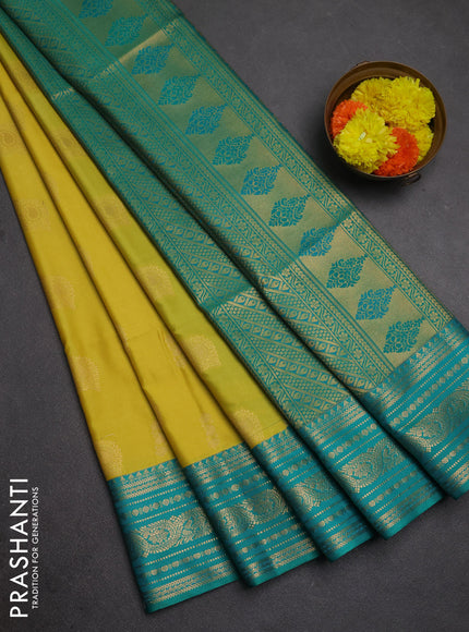 Semi soft silk saree lime green and teal green with allover zari woven buttas and zari woven border