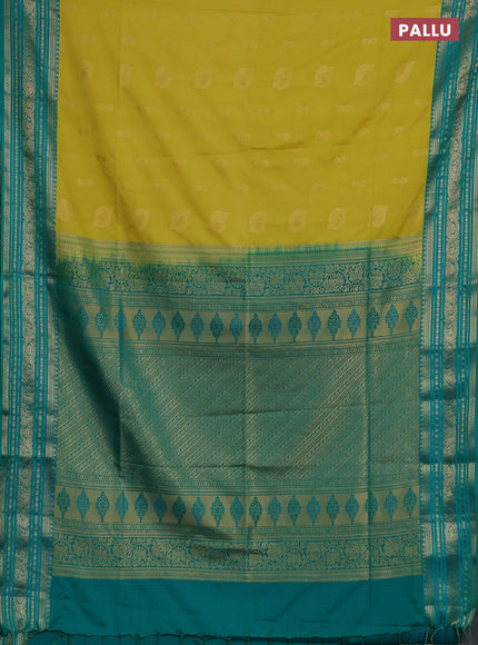 Semi soft silk saree lime green and teal green with allover zari woven buttas and zari woven border