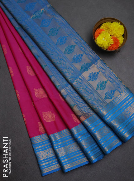Semi soft silk saree pink and cs blue with allover zari woven buttas and zari woven border