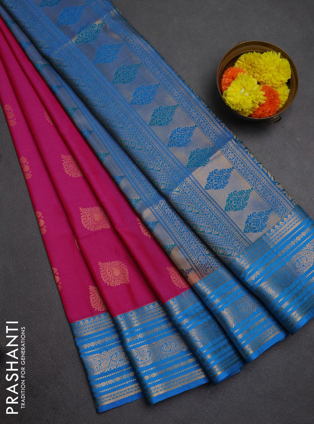 Semi soft silk saree pink and cs blue with allover zari woven buttas and zari woven border