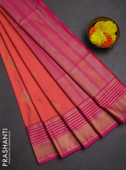Semi soft silk saree peach orange and pink with allover zari woven buttas and zari woven border
