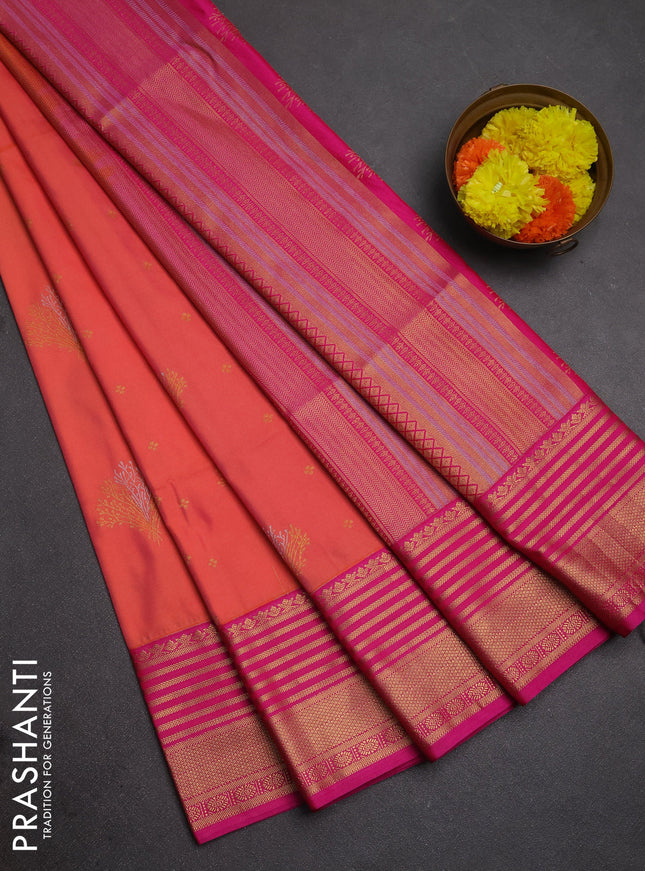 Semi soft silk saree peach orange and pink with allover zari woven buttas and zari woven border
